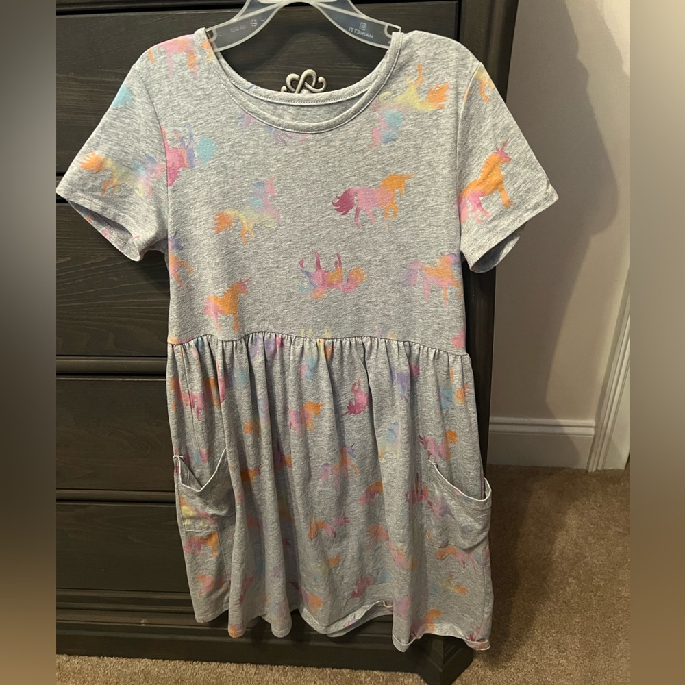 Wonder Nation girls colorful unicorn short sleeve grey play dress 10/12 large
